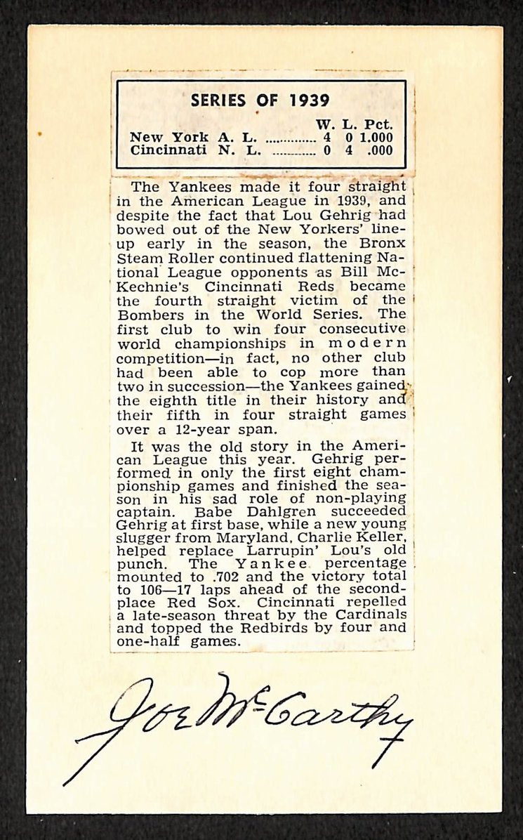 Joe McCarthy Yankees Autographed/Signed 3x5 Index Card JSA BA208526