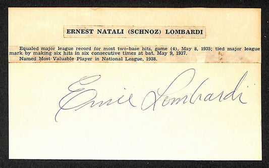 Ernie Lombardi Giants Autographed/Signed 3x5 Index Card HOF JSA BA208530