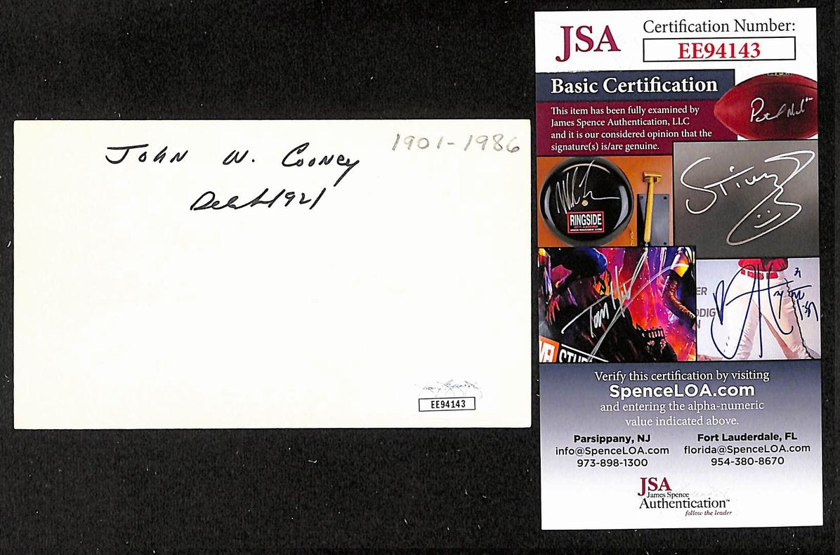 Johnny Cooney Yankees Autographed/Signed 3x5 Index Card JSA BA208541