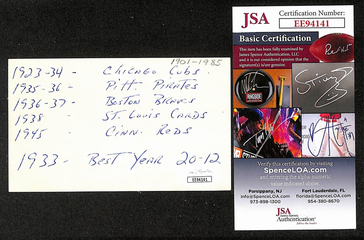 Guy Bush Cubs Autographed/Signed 3x5 Index Card JSA BA208542