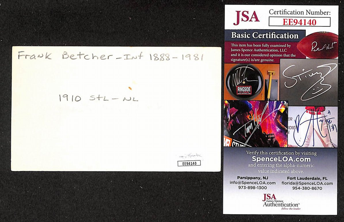 Frank Betcher Cardinals Autographed/Signed 3x5 Index Card JSA BA208543