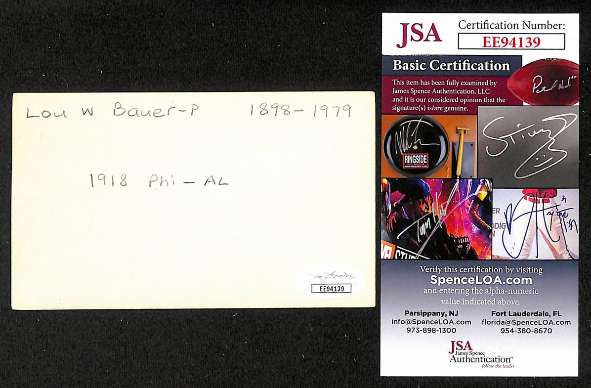 Lou Bauer Athletics Autographed/Signed 3x5 Index Card JSA BA208544