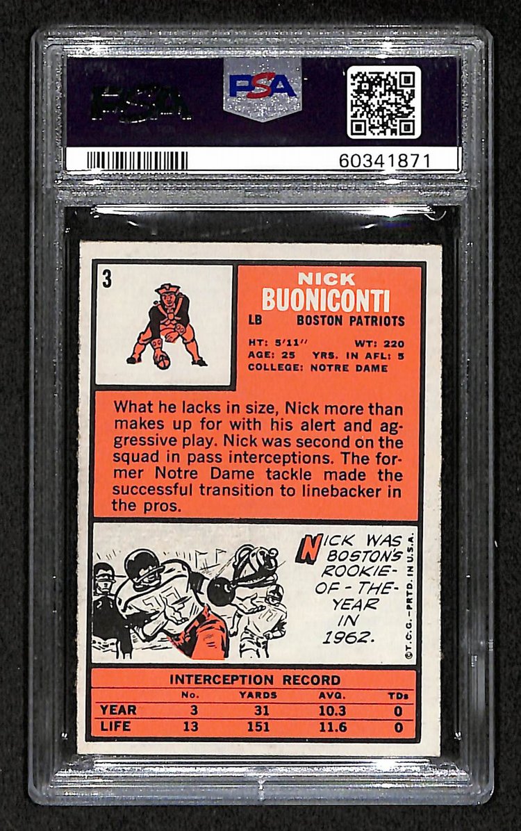 Nick Buoniconti Boston Patriots 1966 Topps #3 PSA 5 BA204970