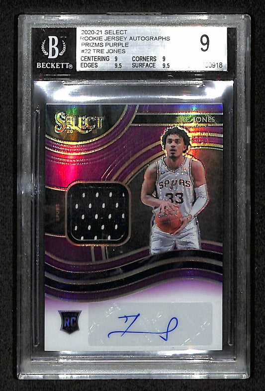 Tre Jones 2020-21 Select Rookie Jersey Auto Prizms Purple /99  Beckett 9 207546