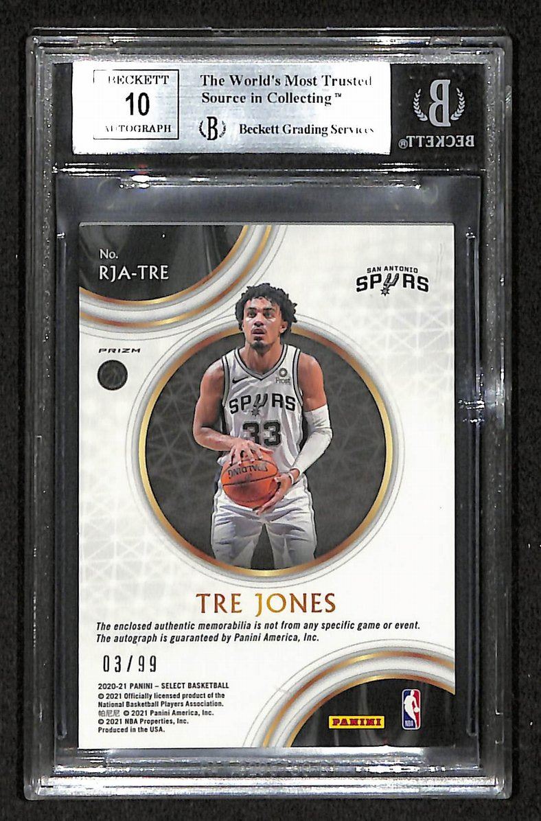Tre Jones 2020-21 Select Rookie Jersey Auto Prizms Purple /99  Beckett 9 207546