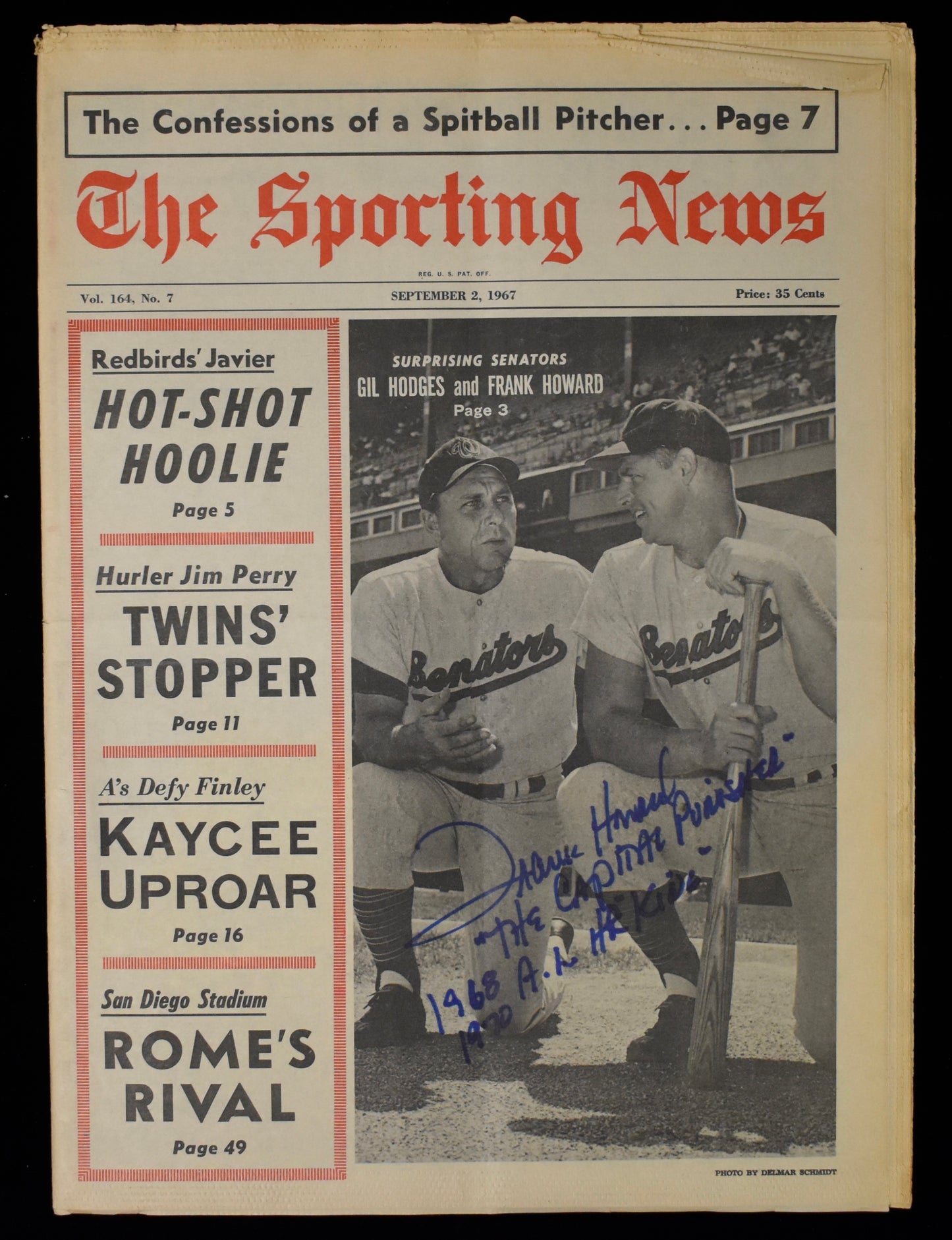 Frank Howard Signed 9/2/67 The Sporting News Senators JSA BA207977