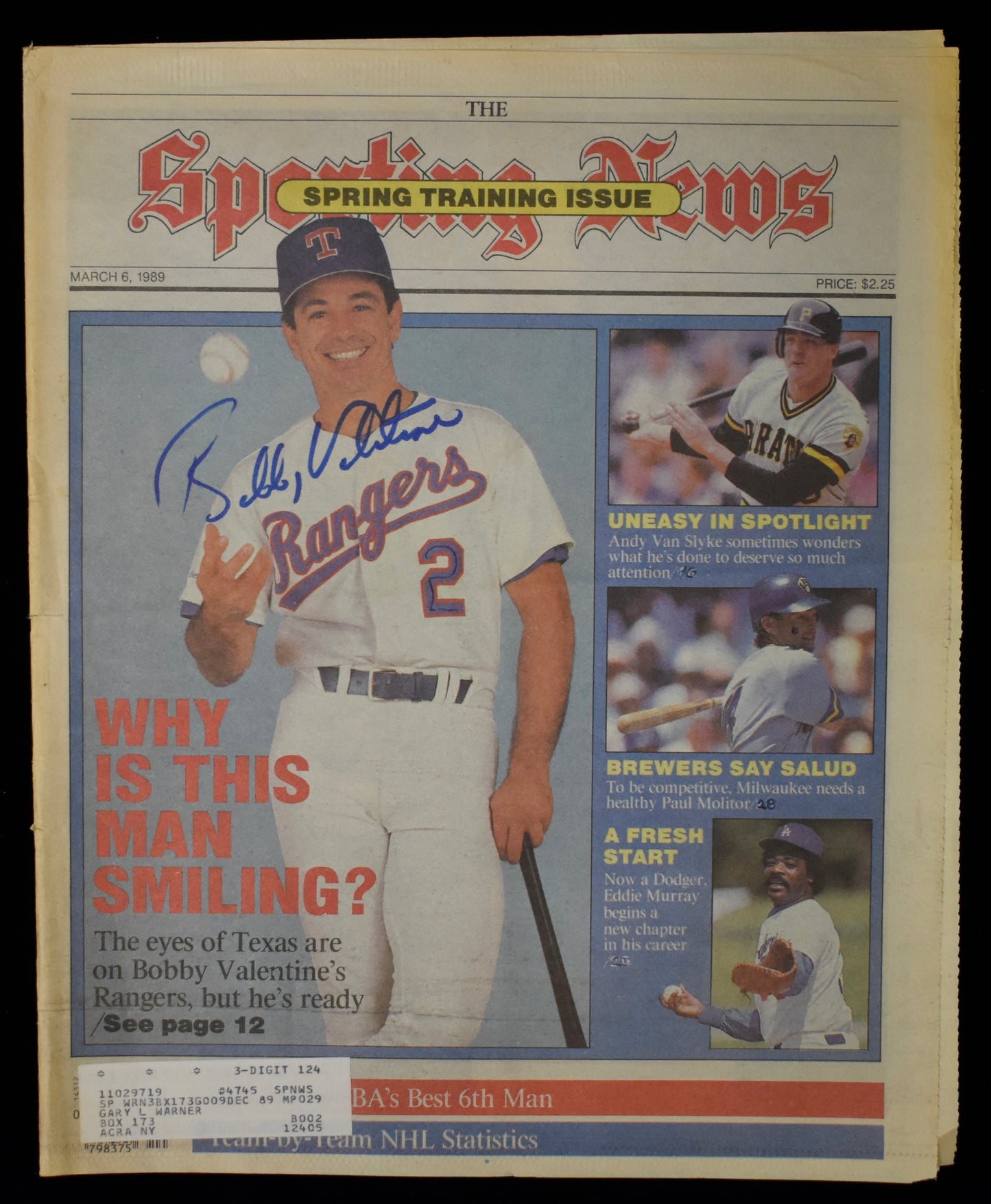 Bobby Valentine Signed 3/6/89 The Sporting News Cover Only Rangers JSA BA207973
