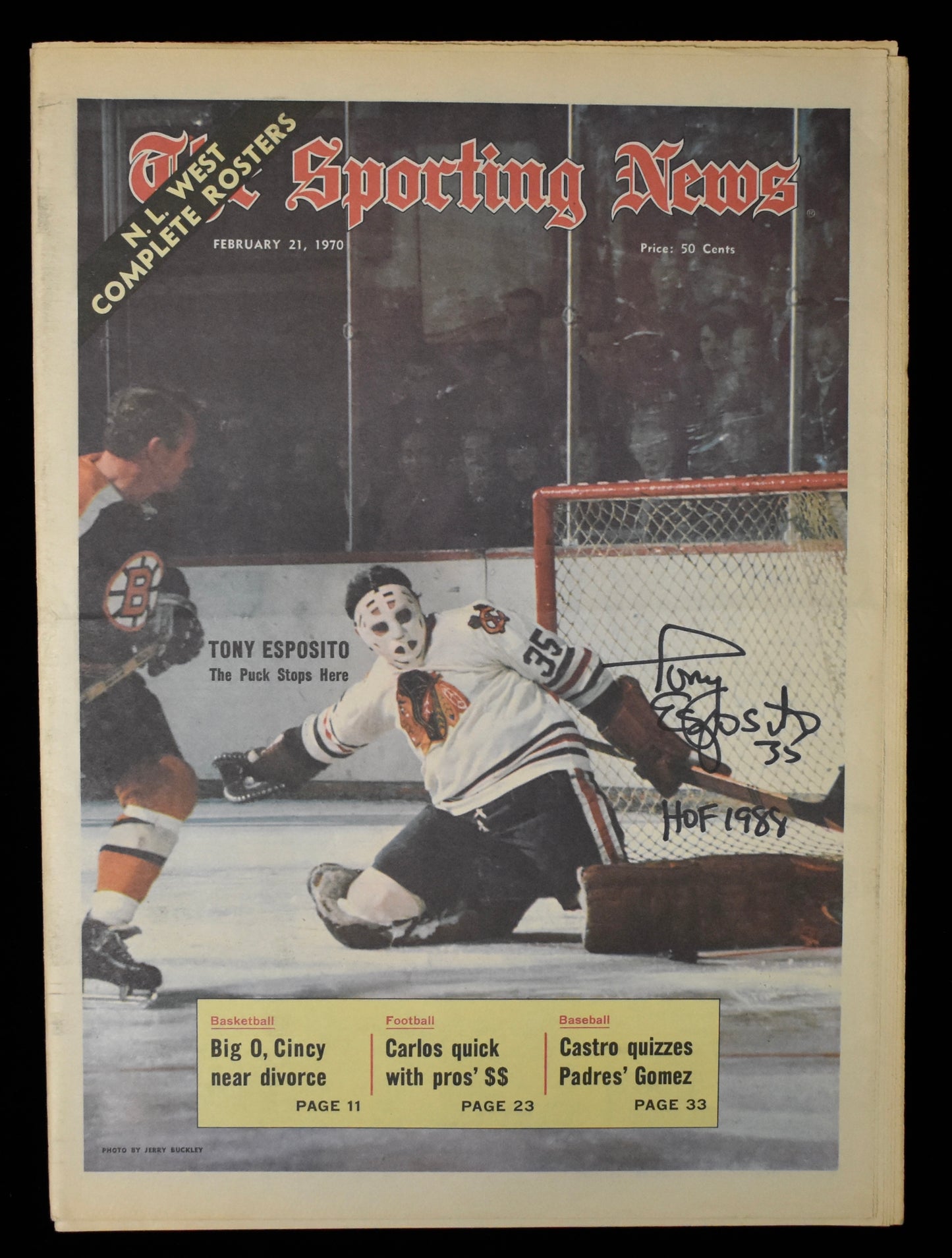 Tony Esposito HOF Signed 2/21/70 The Sporting News Blackhawks JSA BA207962