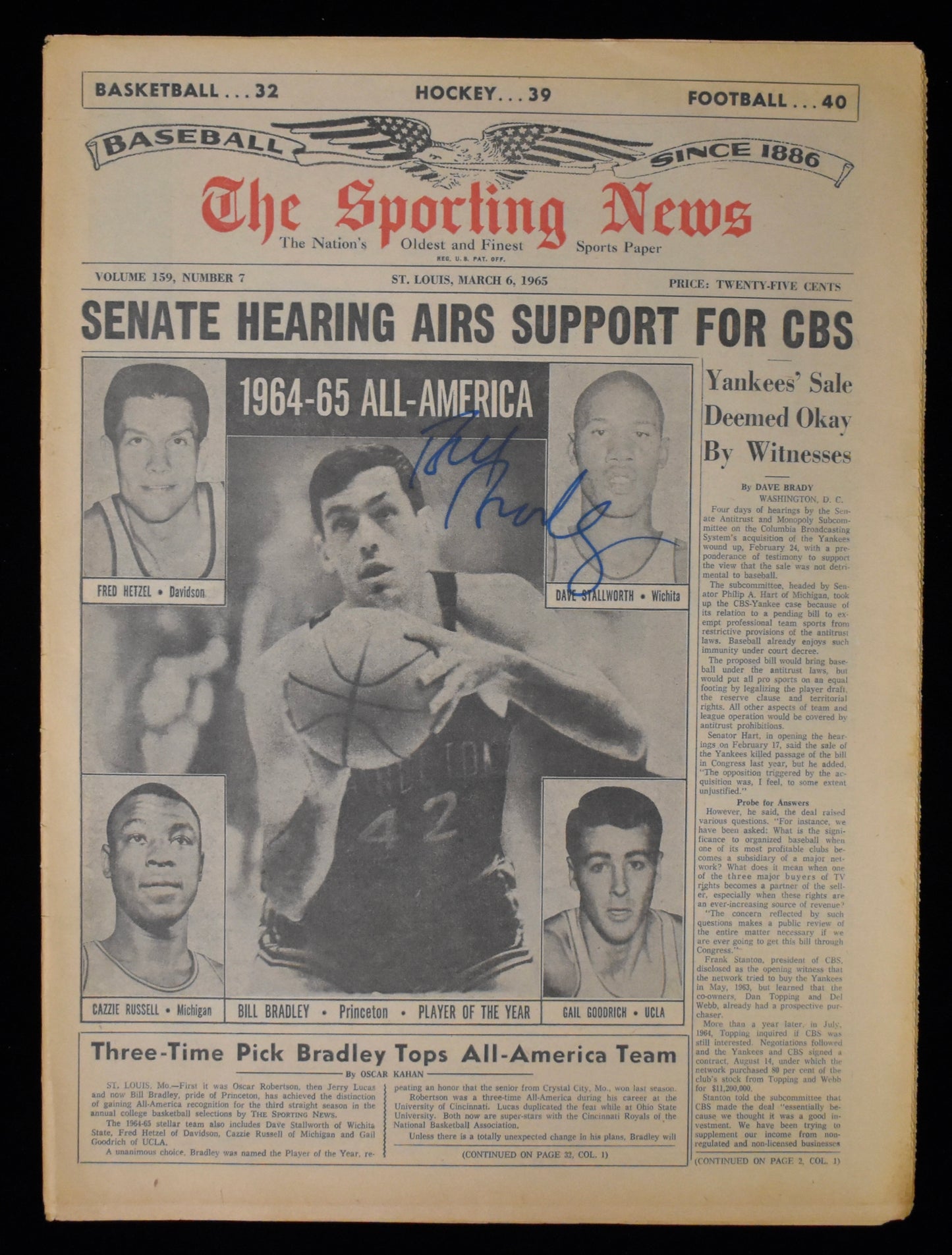 Bill Bradley Signed 3/6/65 The Sporting News Princeton JSA BA207958