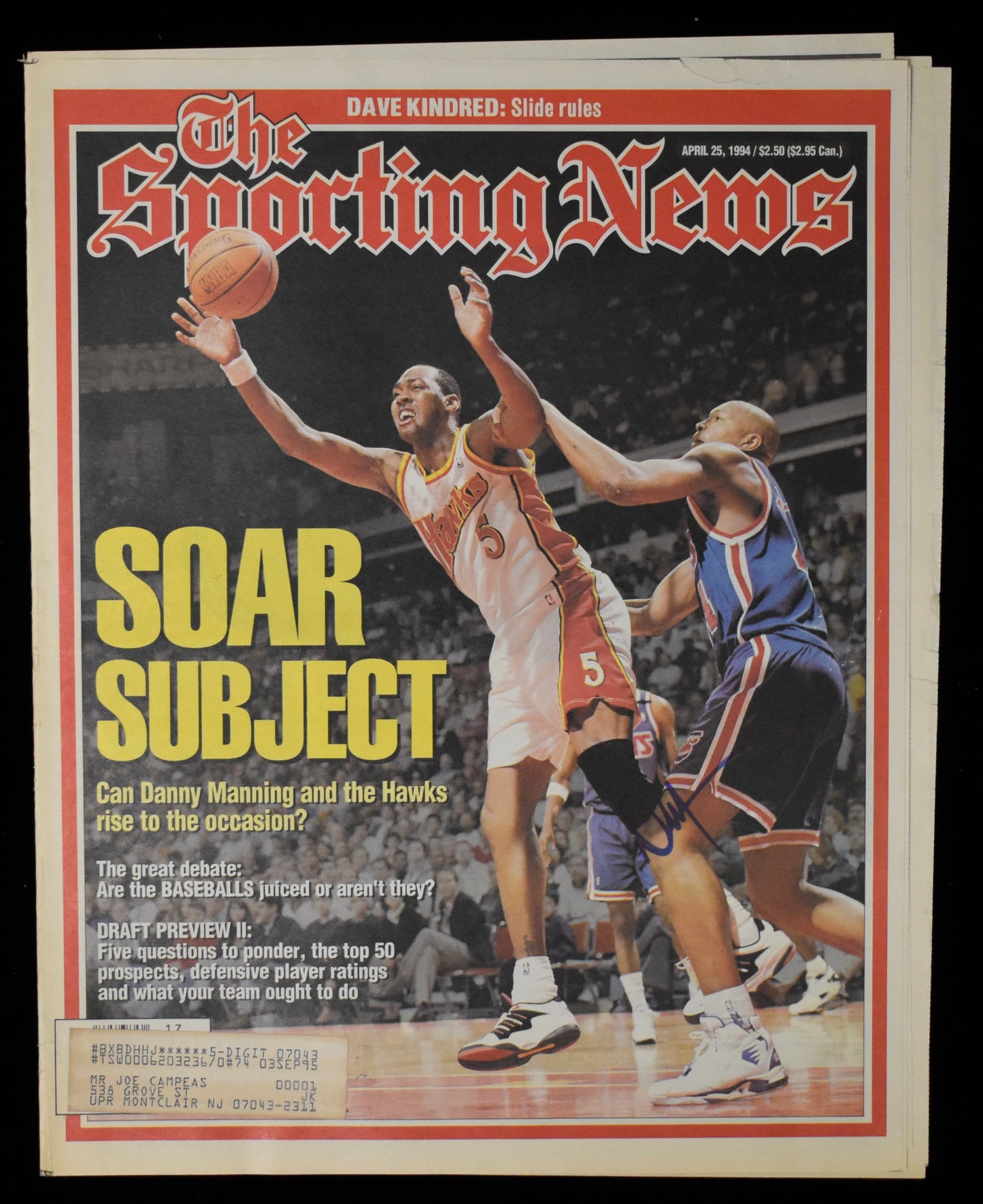 Danny Manning Signed 4/25/94 The Sporting News Cover Only Hawks JSA BA207957