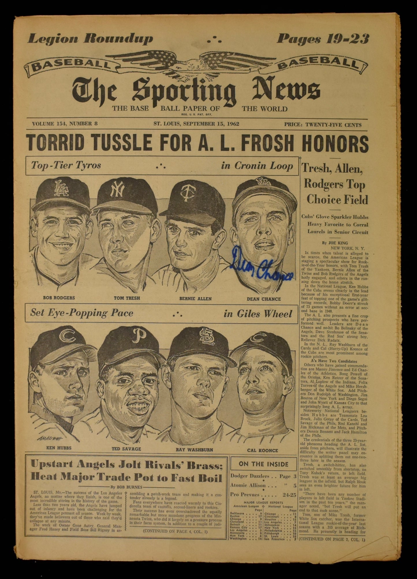 Dean Chance Signed 9/15/62 The Sporting News Angels JSA BA207944