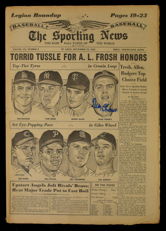 Dean Chance Signed 9/15/62 The Sporting News Angels JSA BA207944