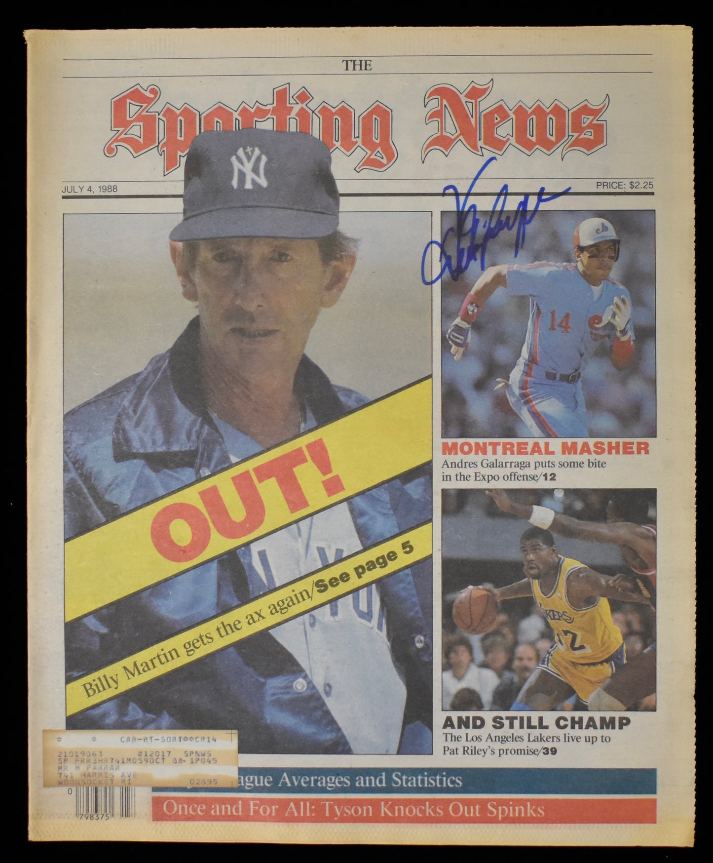 Andres Galarraga Signed 7/4/88 The Sporting News Cover Only Expos JSA BA207943
