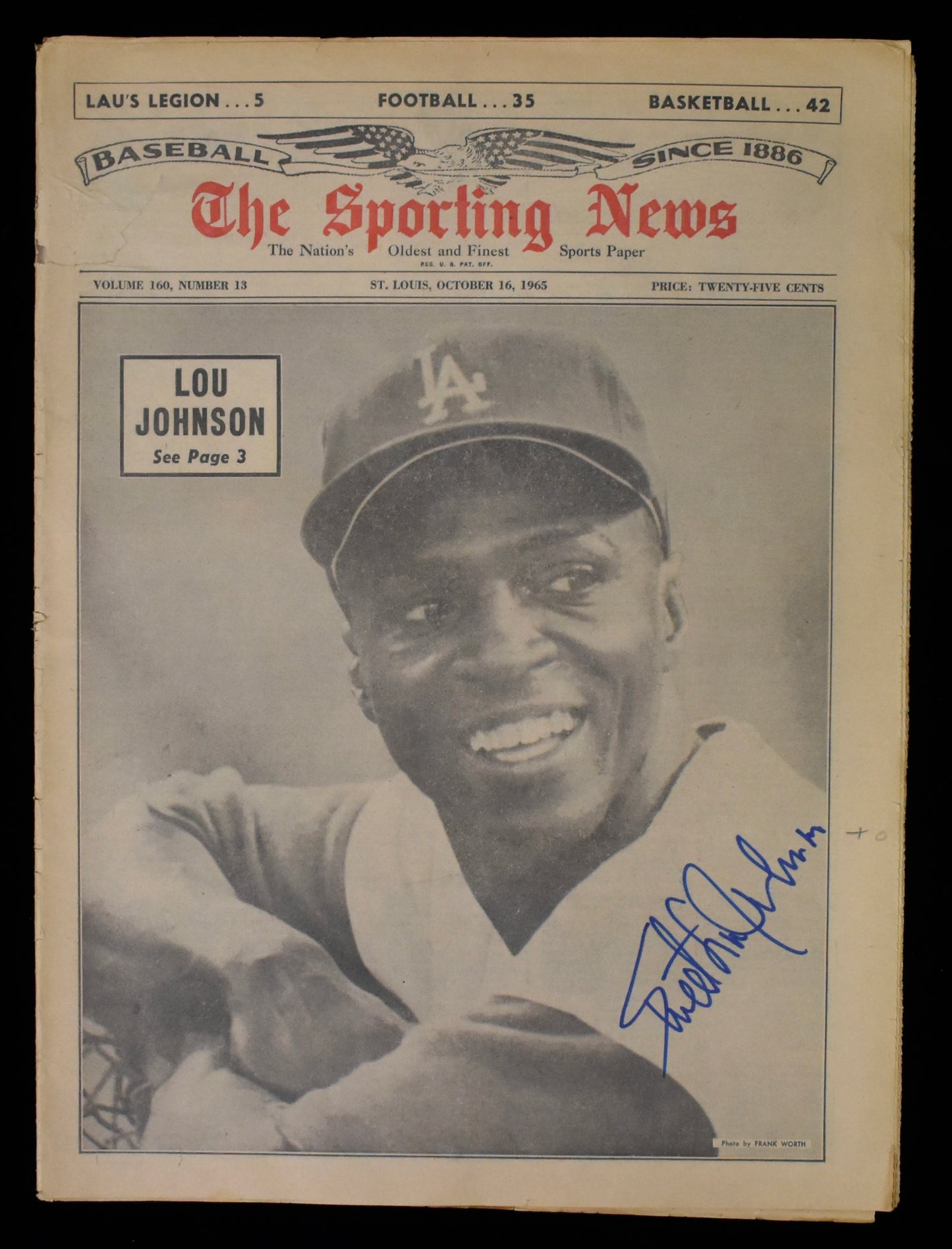 Lou Johnson Signed 10/16/65 The Sporting News Dodgers JSA BA207942