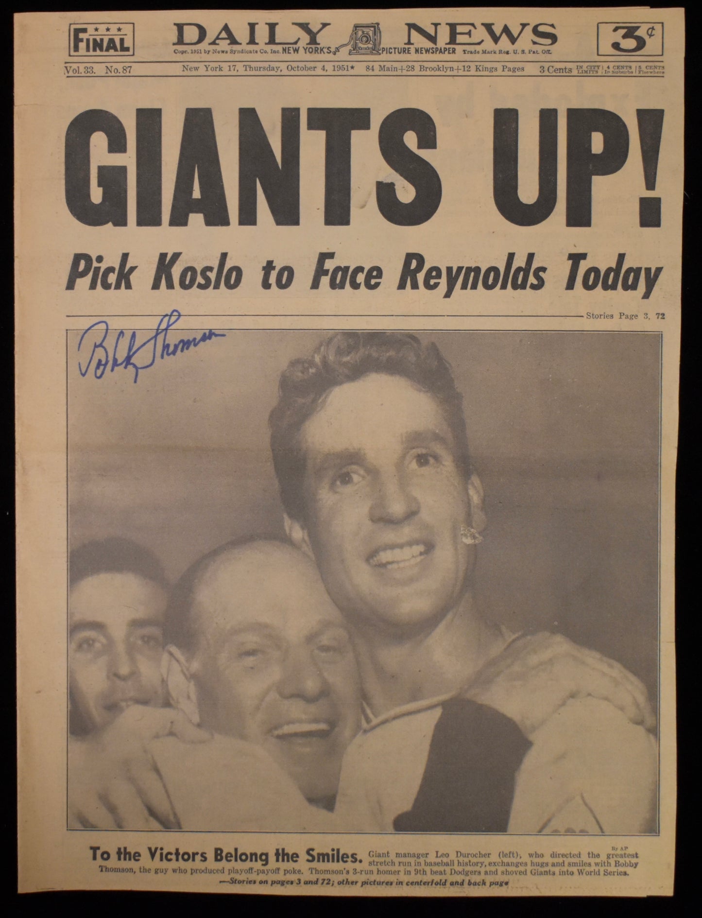 Bobby Thomson Signed 1951 New York Daily News Giants JSA BA208550