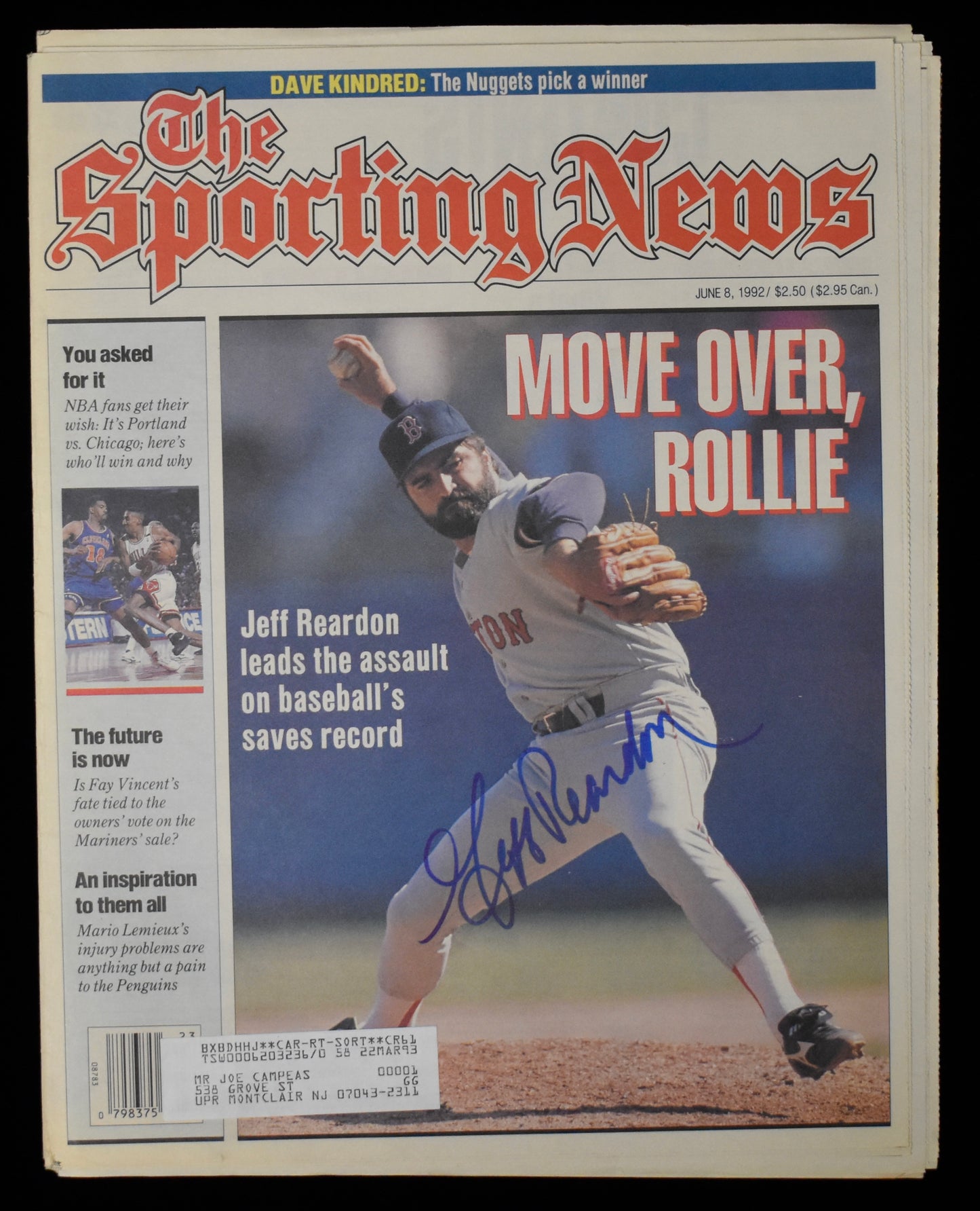 Jeff Reardon Signed 1992 The Sporting News Red Sox JSA BA208565