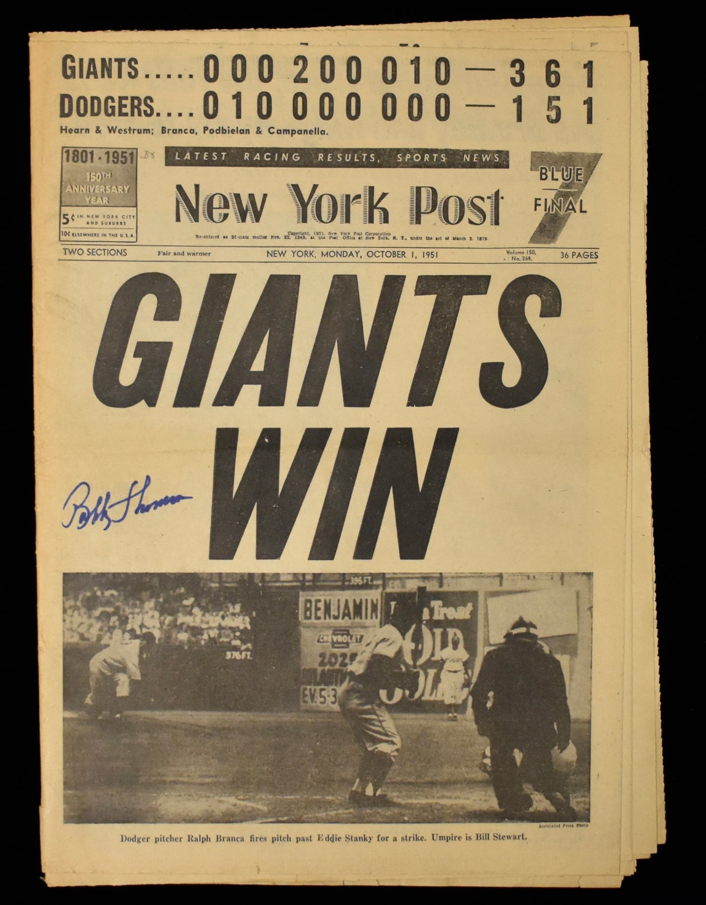 Bill Singer Signed 1951 New York Post Giants JSA BA208612