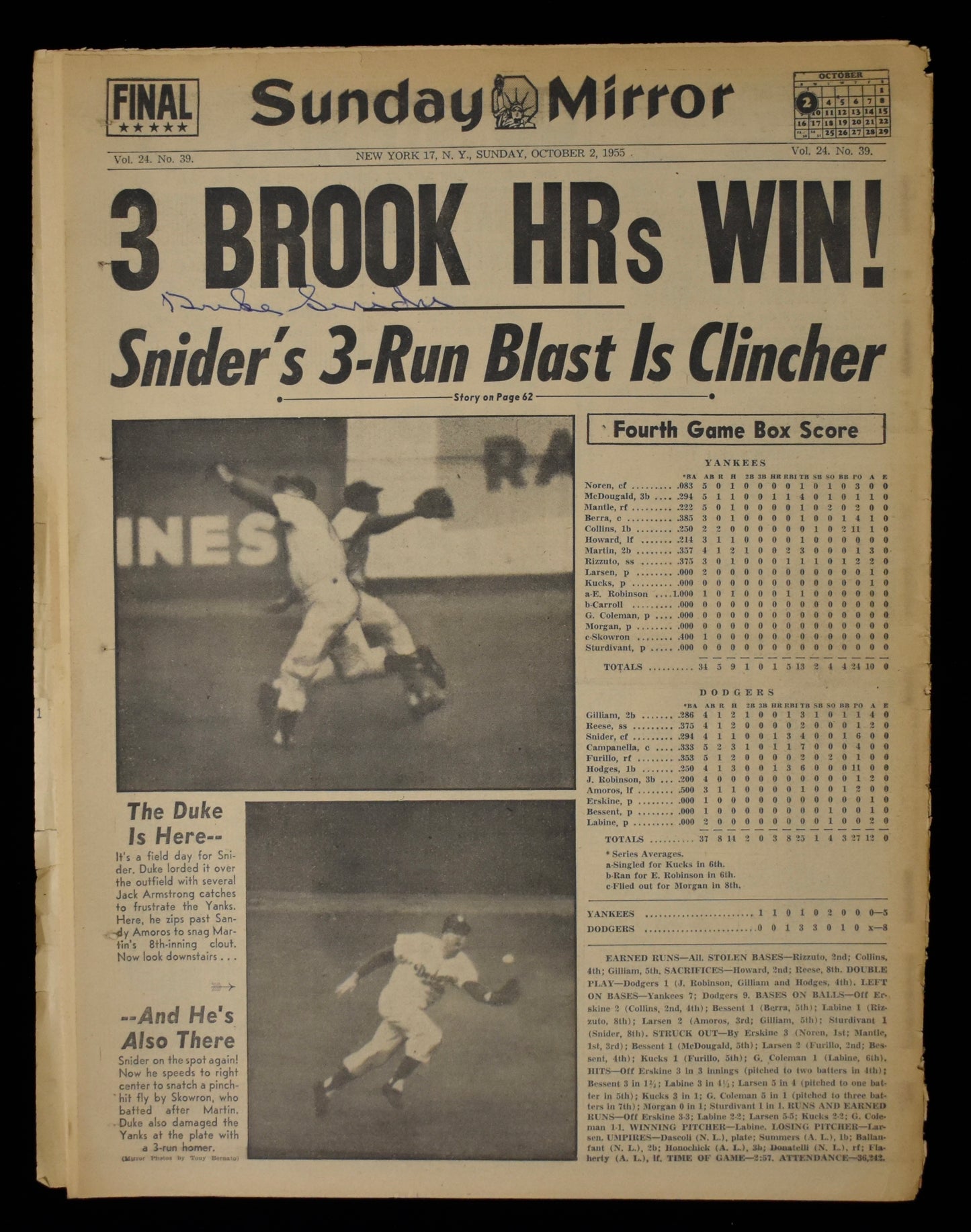 Duke Snider HOF Signed 1955 New York Sunday Mirror Dodgers JSA BA208613