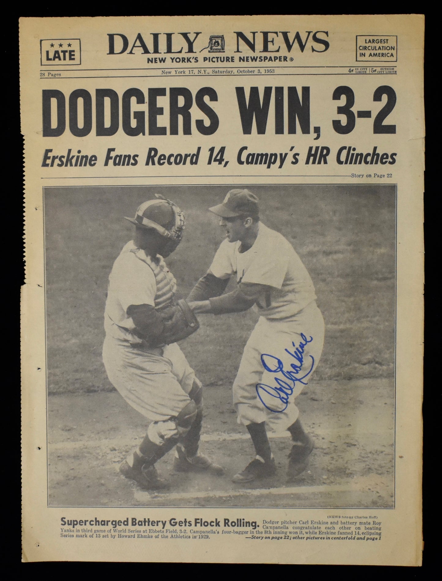 Carl Erskine HOF Signed 1953 New York Daily News Dodgers JSA BA208614
