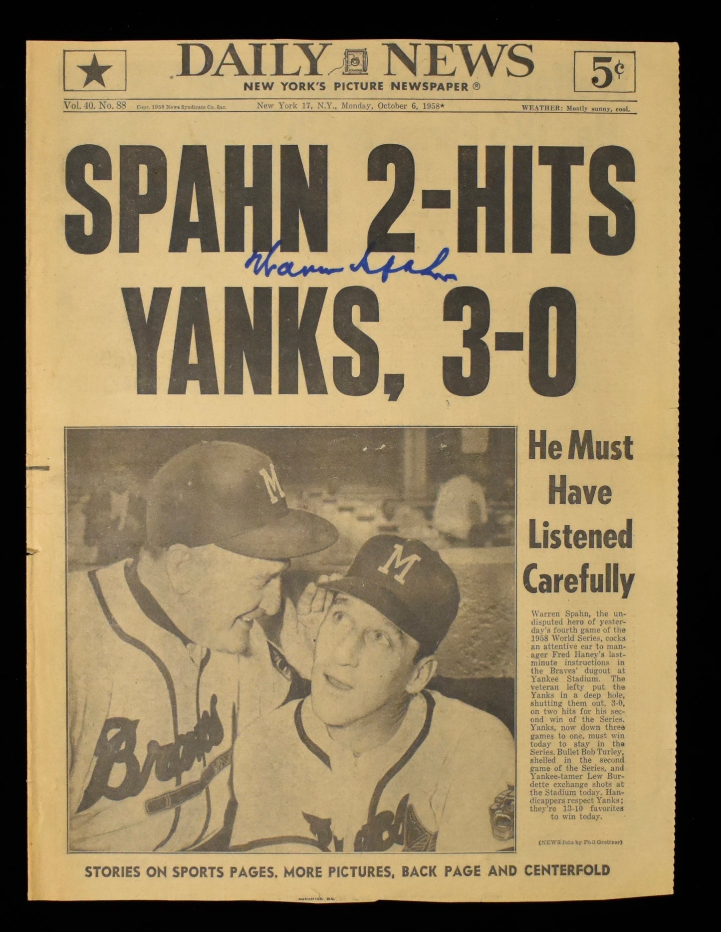 Warren Spahn HOF Signed 1958 New York Daily News Braves JSA BA208615