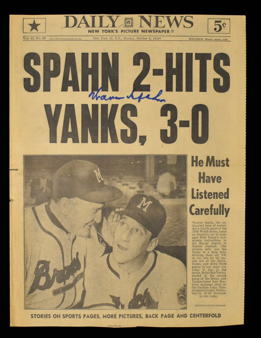 Warren Spahn HOF Signed 1958 New York Daily News Braves JSA BA208615
