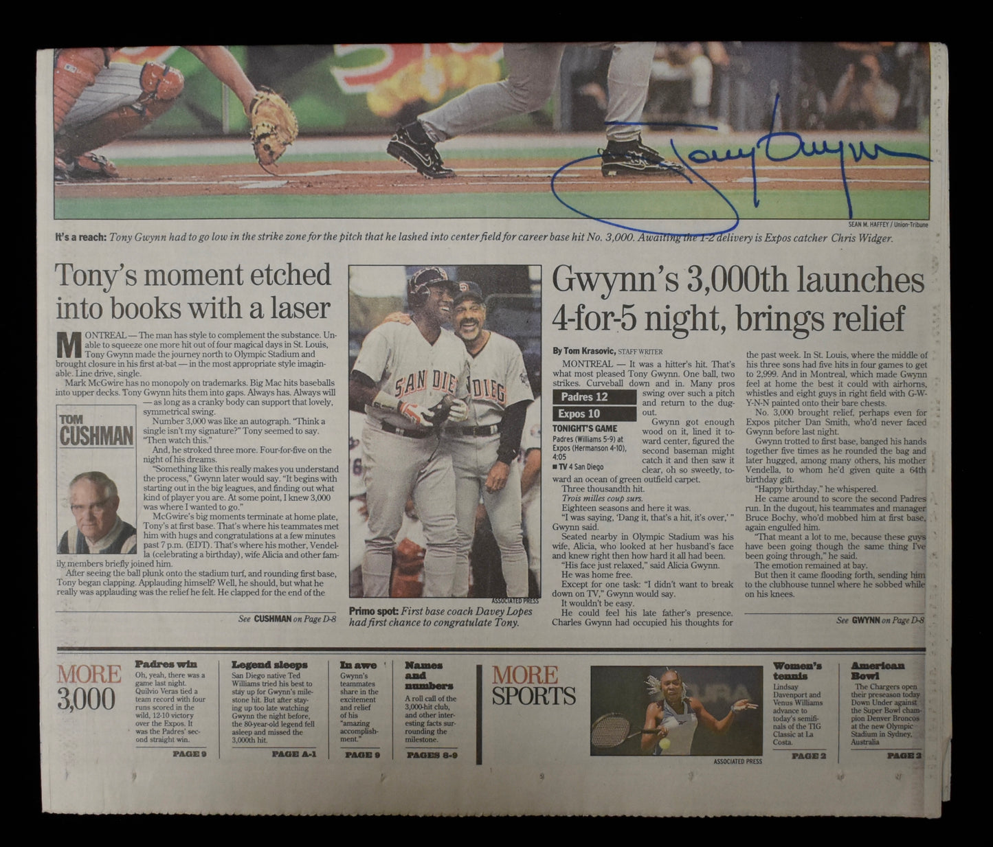 Tony Gwynn HOF Signed 1999 San Diego Union Tribute Padres 3000th JSA BA208617