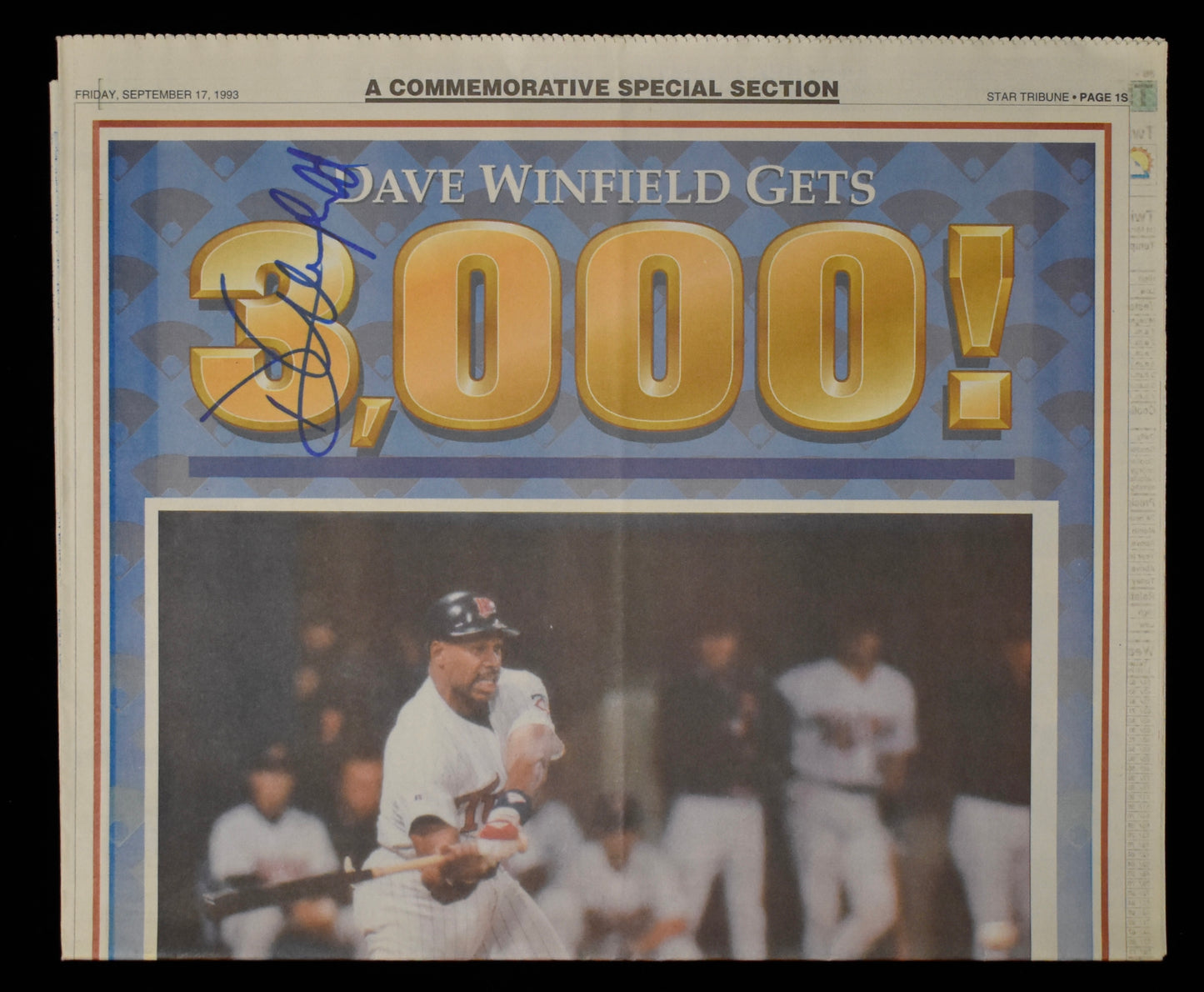 Dave Winfield HOF Signed 1993 Star Tribune Twins 3000th Hit JSA BA208618