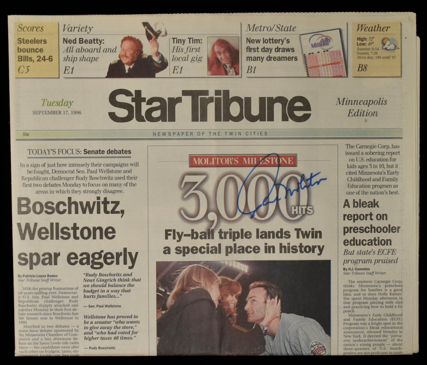 Paul Molitor HOF Signed 1996 Star Tribune Twins 3000th Hit JSA BA208619