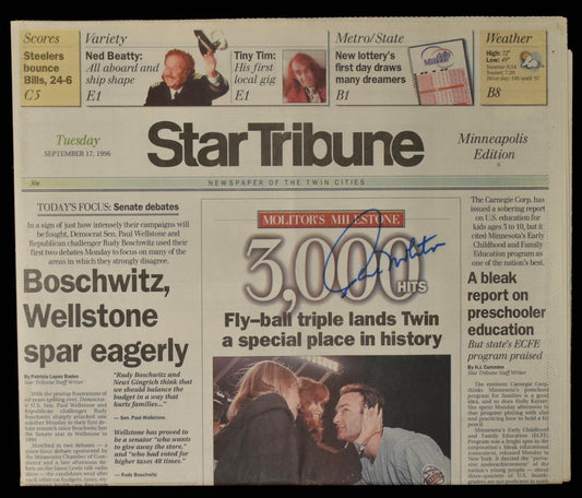 Paul Molitor HOF Signed 1996 Star Tribune Twins 3000th Hit JSA BA208619