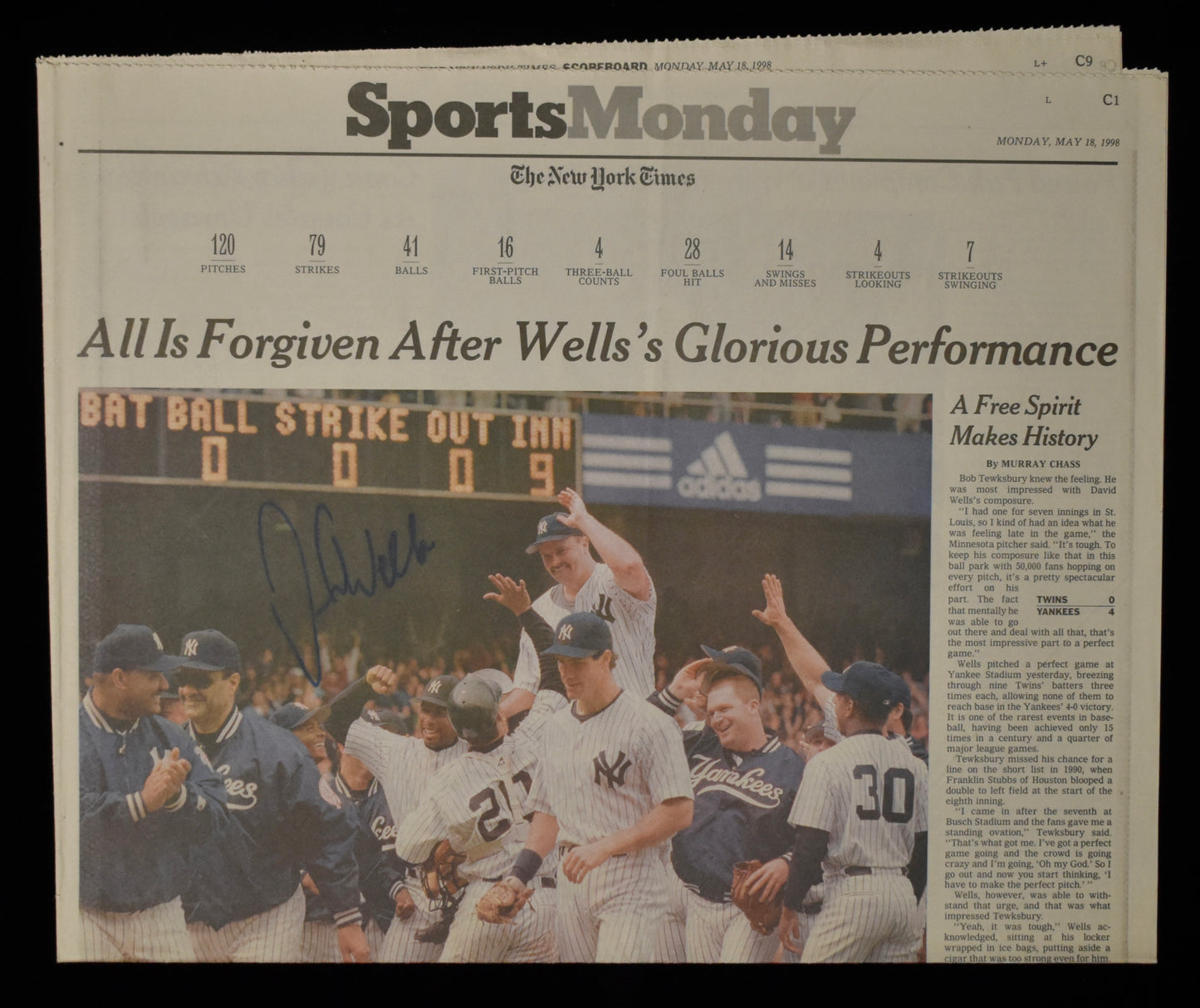 David Wells Signed 1998 New York Times Yankees Perfect Game JSA BA208623