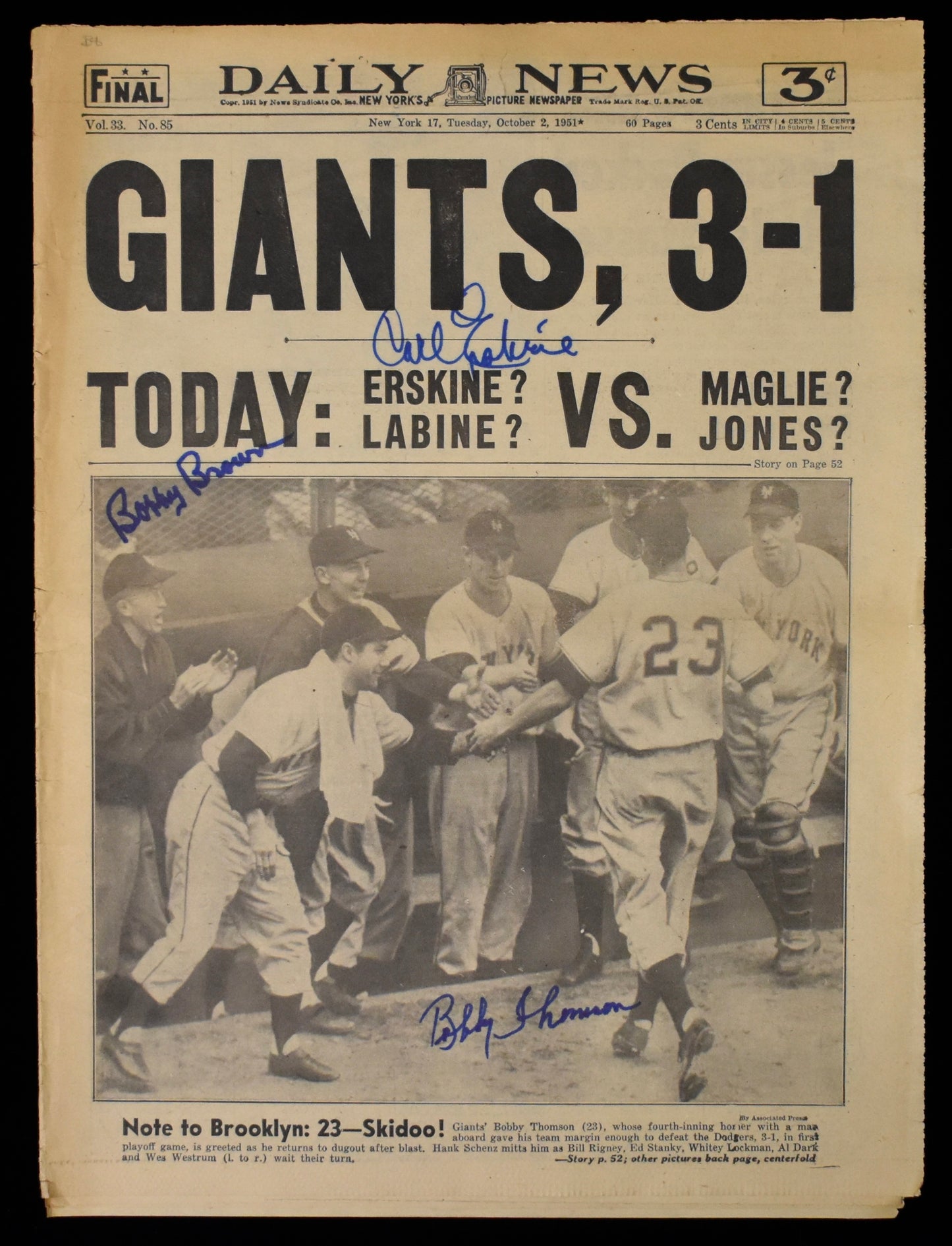 Erskine Brown Thomson Signed 1951 New York Daily News Giants JSA BA208610