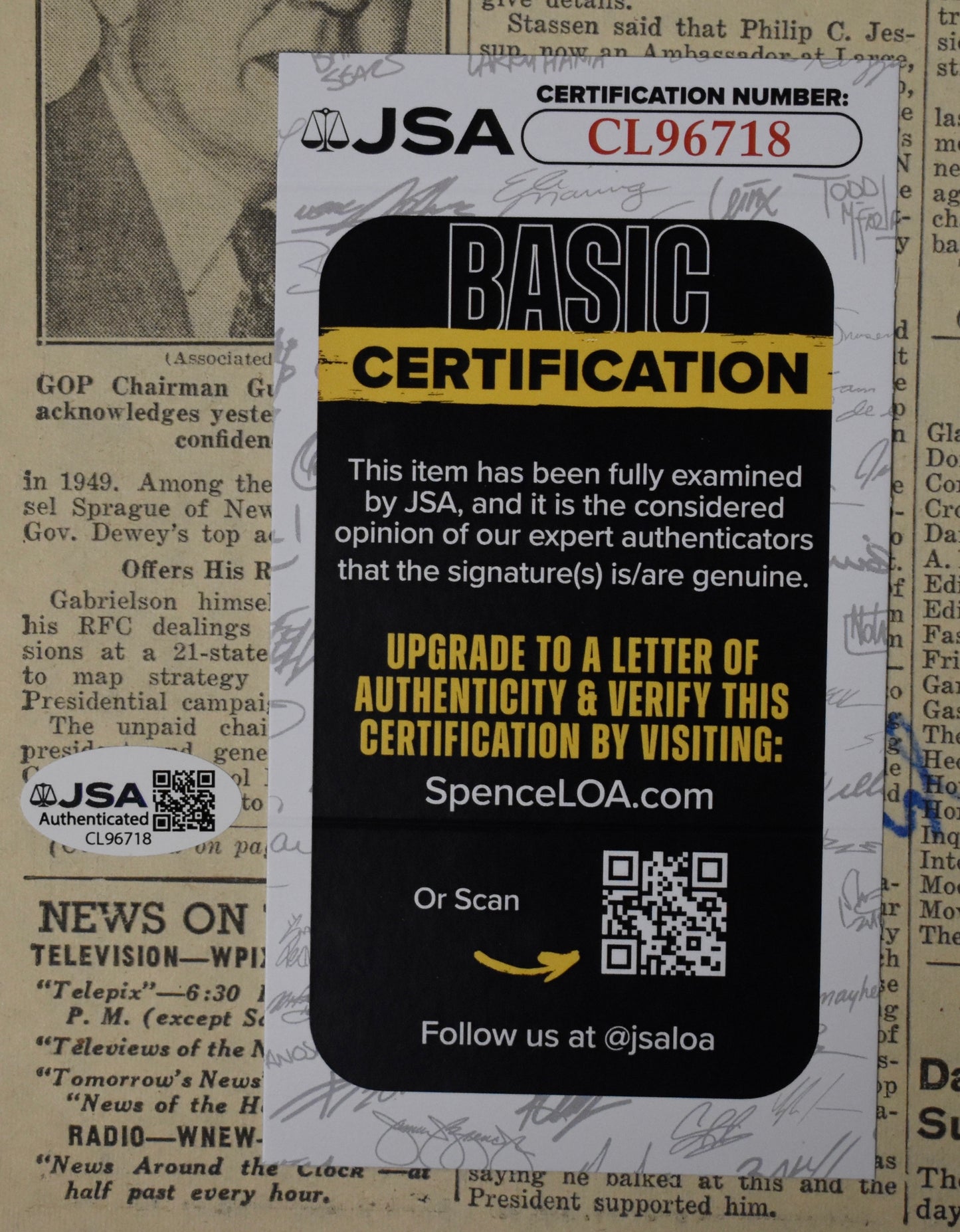 Erskine Brown Thomson Signed 1951 New York Daily News Giants JSA BA208610