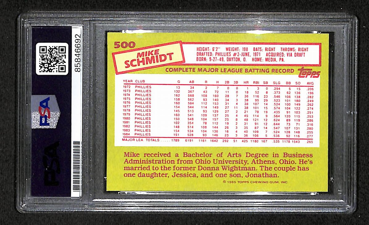 Mike Schmidt 1985 Topps Tiffany Card # 500 Phillies HOF Signed PSA/DNA 209391