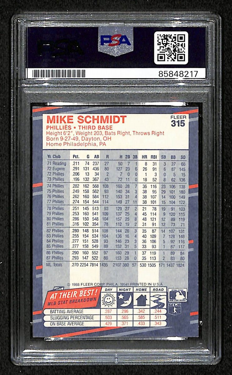 Mike Schmidt 1988 Fleer Card #315 Phillies HOF Signed PSA/DNA Auto GEM 10 209358