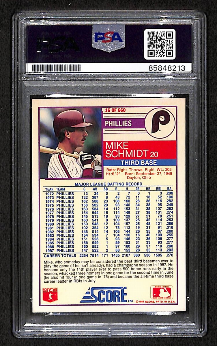 Mike Schmidt 1988 Score Card #16 Phillies HOF Signed PSA/DNA Auto GEM 10 209364