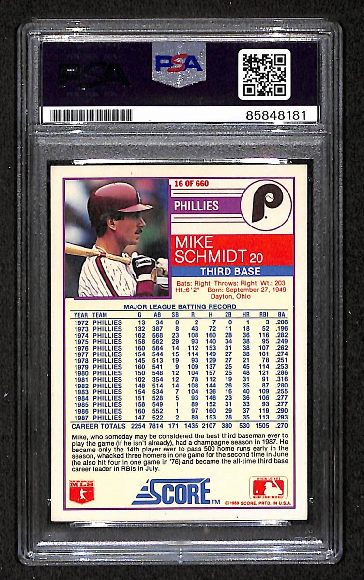 Mike Schmidt 1988 Score Card #16 Phillies HOF Signed PSA/DNA Auto GEM 10 209365