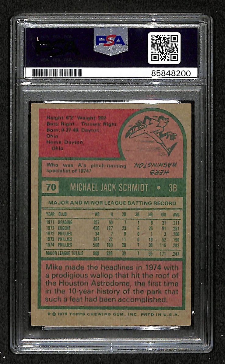 Mike Schmidt 1975 Topps Card #70 Phillies HOF Signed PSA/DNA Auto GEM 10 208757