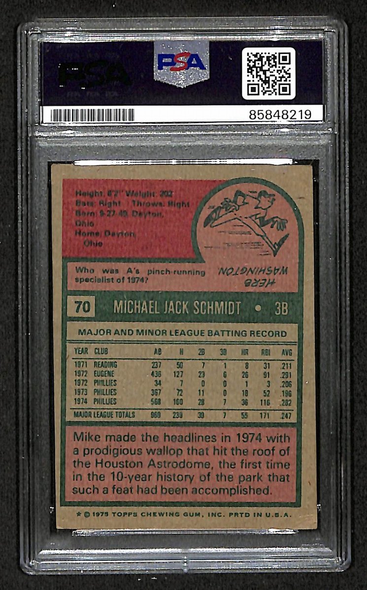 Mike Schmidt 1975 Topps Card #70 Phillies HOF Signed PSA/DNA Auto GEM 10 208759