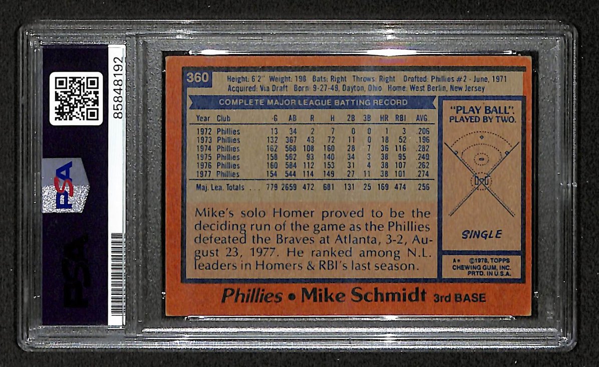 Mike Schmidt 1978 Topps Card #360 Phillies HOF Signed PSA/DNA Auto GEM 10 208768