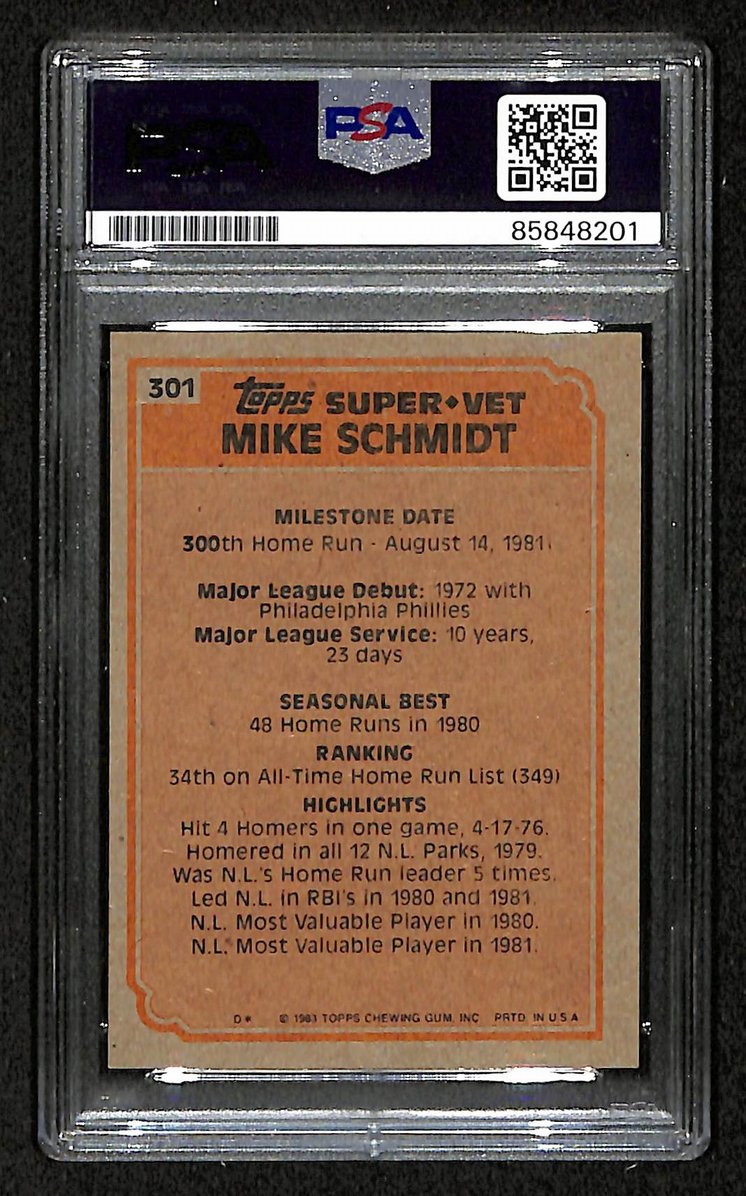 Mike Schmidt 1983 Topps Card #301 Phillies HOF Signed PSA/DNA Auto GEM 10 208778