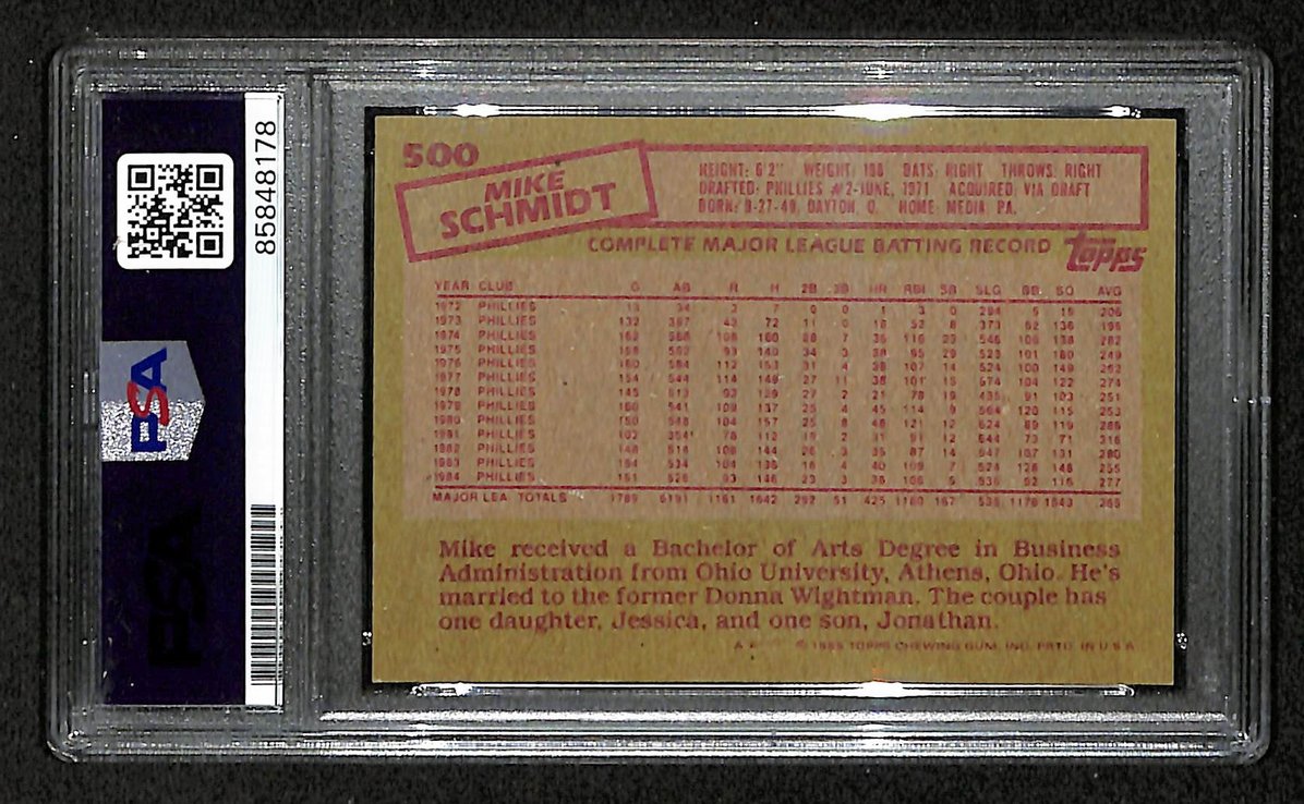 Mike Schmidt 1985 Topps Card #500 Phillies HOF Signed PSA/DNA Auto GEM 10 208782