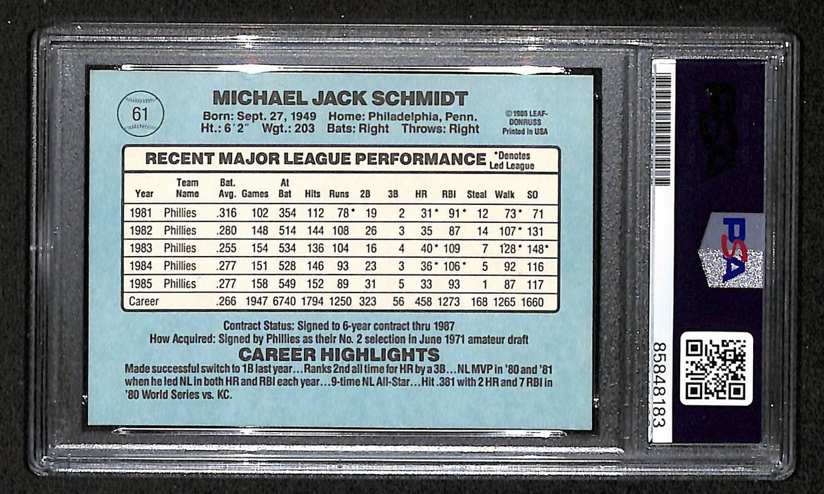 Mike Schmidt 1986 Donruss Card #61 Phillies HOF Signed PSA/DNA Auto GEM 10 8807