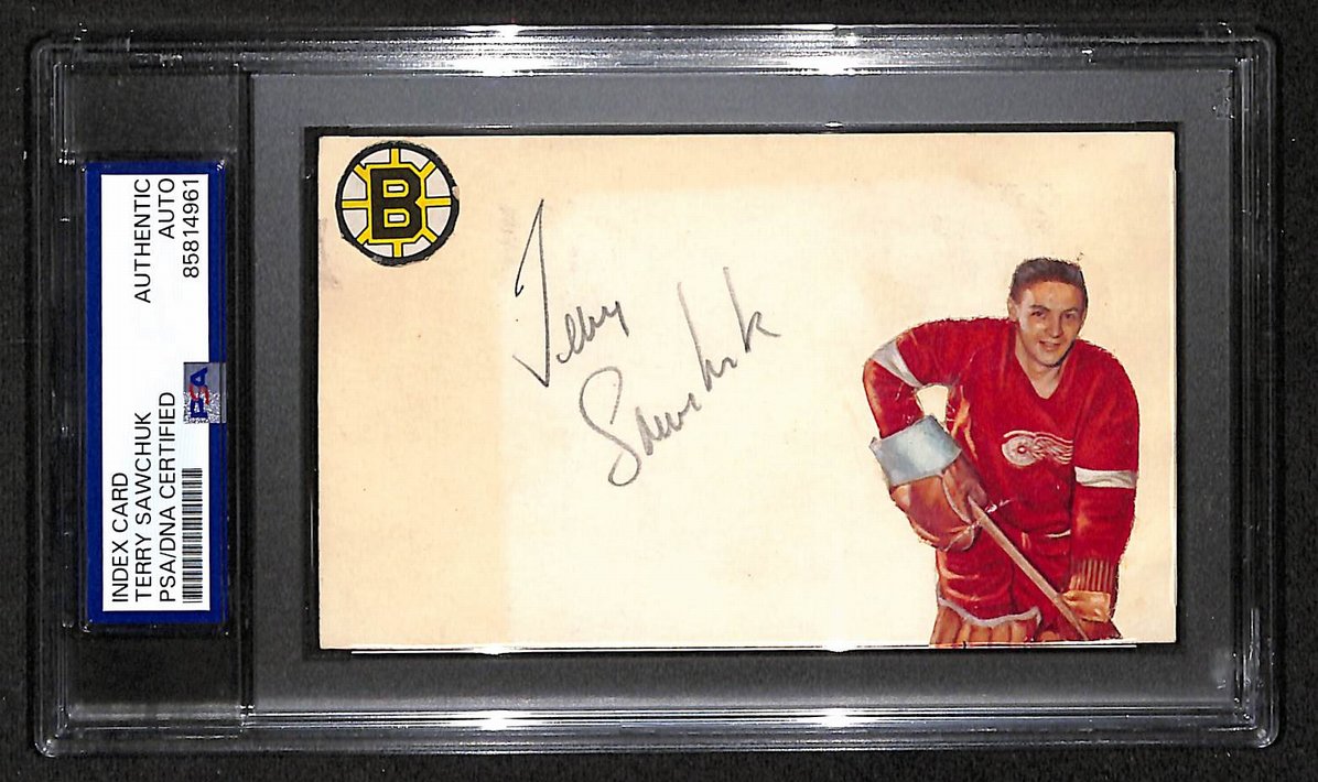 Terry Sawchuk Bruins Red Wings HOF Signed/Auto 3x5 Index Card PSA/DNA BA209456