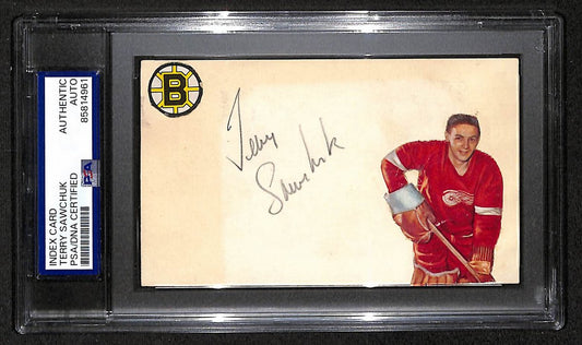 Terry Sawchuk Bruins Red Wings HOF Signed/Auto 3x5 Index Card PSA/DNA BA209456