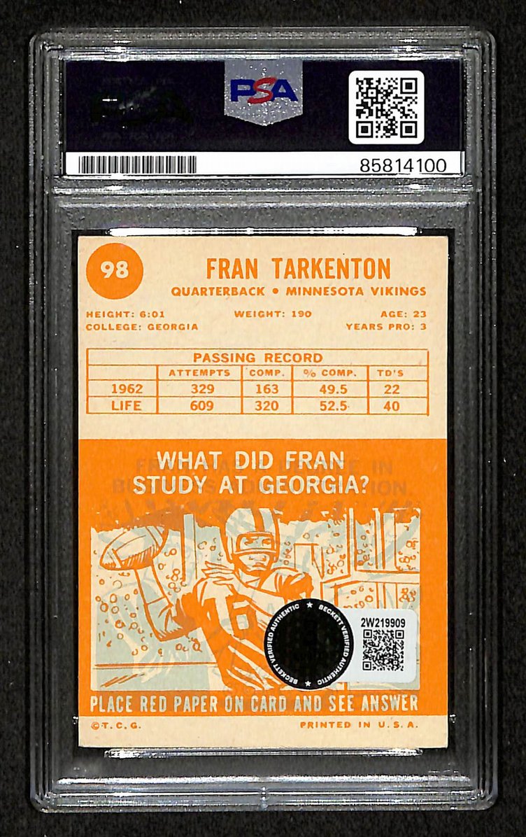 Fran Tarkenton HOF 1963 Topps Card #98 Signed/Auto PSA/DNA Vikings BA209406