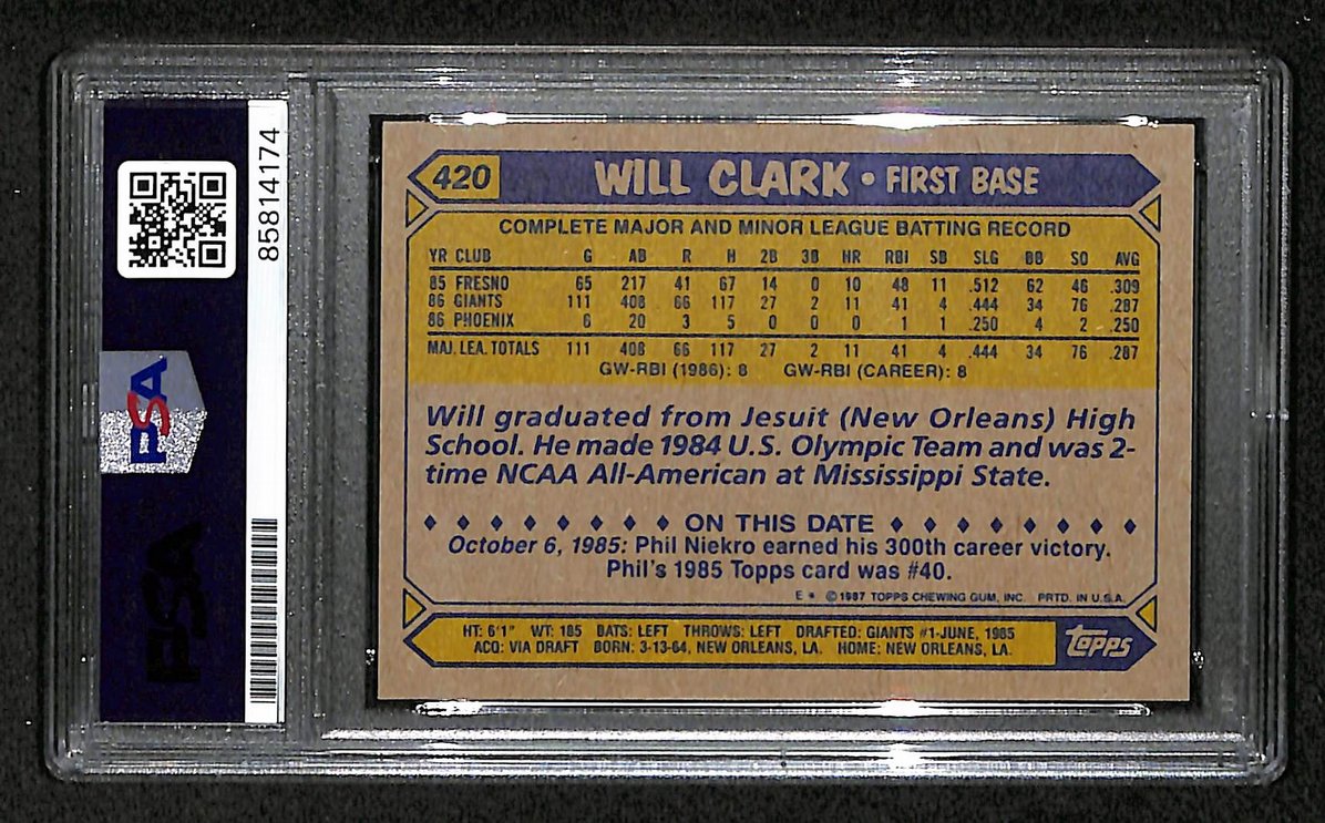 Will Clark 1987 Topps RC Card #420 Signed/Autographed PSA/DNA Giants BA209414
