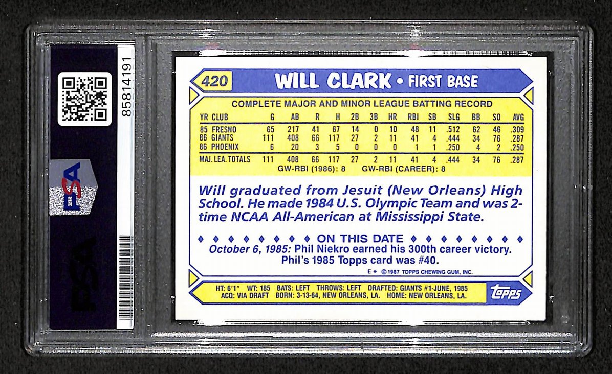 Will Clark 1987 Topps RC Card #420 Signed/Autographed PSA/DNA Giants BA209415