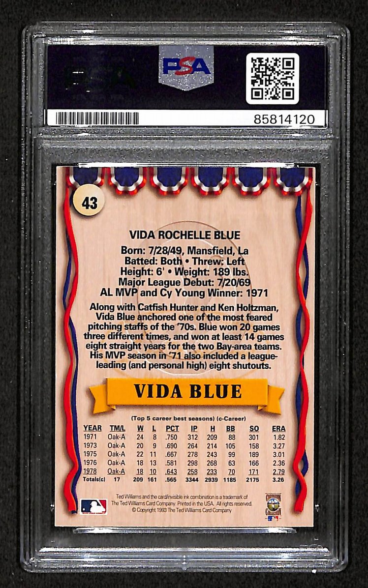 Vida Blue 1993 Ted Williams Co Card #43 Signed/Autographed PSA/DNA A's BA209426