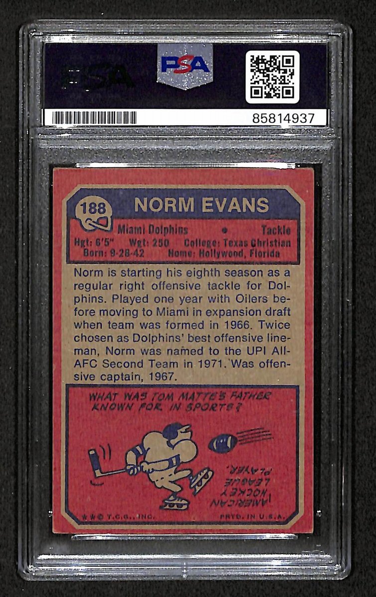 Norman Evans 1973 Topps Card #188 Signed/Autographed PSA/DNA Dolphins BA209446