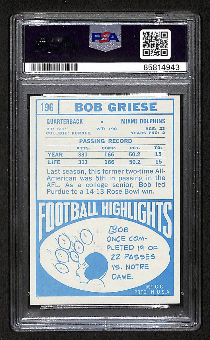 Bob Griese HOF 1968 Topps RC Card #196 Signed/Auto PSA/DNA Dolphins BA209452